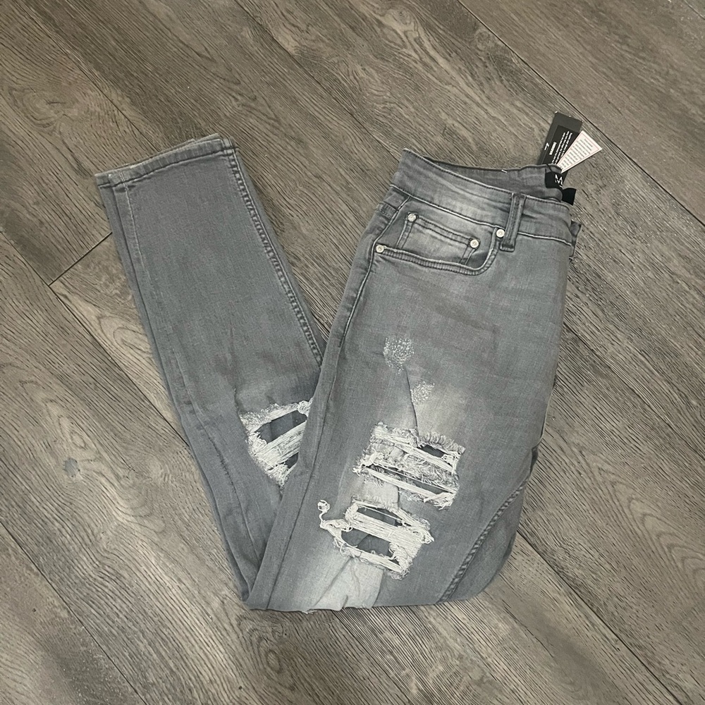 Boohoo Mens Skinny Stretch Rip & Repair Jeans Size 32 Mid Grey